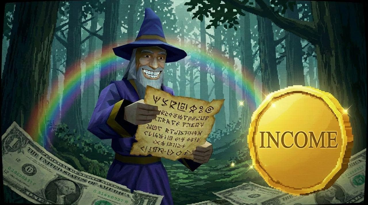 Purple wizard reading a runic scroll under a rainbow with the INCOME coin